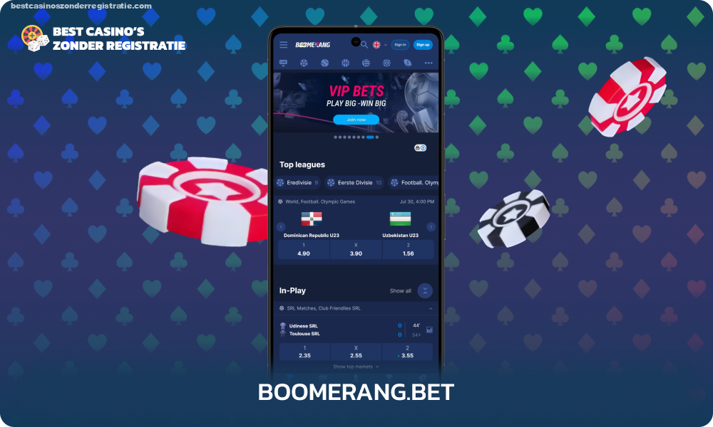 Boomerang.bet Casino zonder CRUKS heeft vele voordelen, waaronder een minimale storting van 5 EUR, een 100% welkomstpakket, veilige betalingsmethoden, een minimale opname van 20 EUR, een VIP-programma en een gratis mobiele app