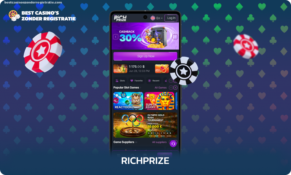 RichPrize is een casino zonder CRUKS met meer dan 6.000 slots en live games van gelicentieerde aanbieders, een welkomstbonus van 900% en 150 gratis spins, evenals betrouwbare betaalmethoden en een handige mobiele applicatie