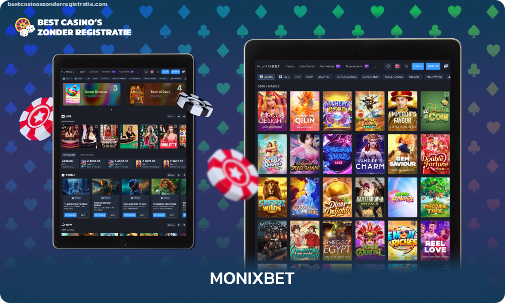 Het populaire Monixbet casino biedt spelers toegang tot meer dan 8.700 slots, 400 spellen met live dealers, een welkomstbonus van 350% en 335 gratis spins, minimale stortingen vanaf 20 euro en commissievrije opnames van winsten tot 5.000 euro