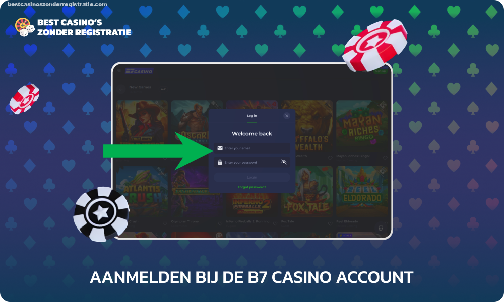 Om in te loggen op uw persoonlijke B7 Casino-account, voert u uw e-mailadres en wachtwoord in en klikt u vervolgens op de knop Inloggen