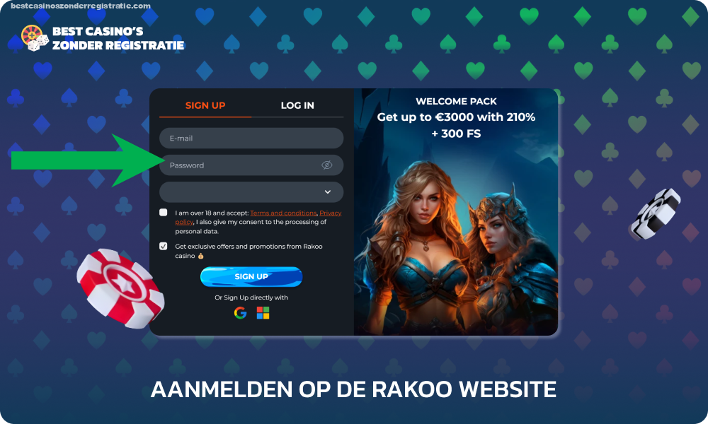 Om u te registreren op de officiële Rakoo-website klikt u op Registreren, voert u uw e-mailadres in, maakt u een wachtwoord aan en selecteert u het land waar u woont