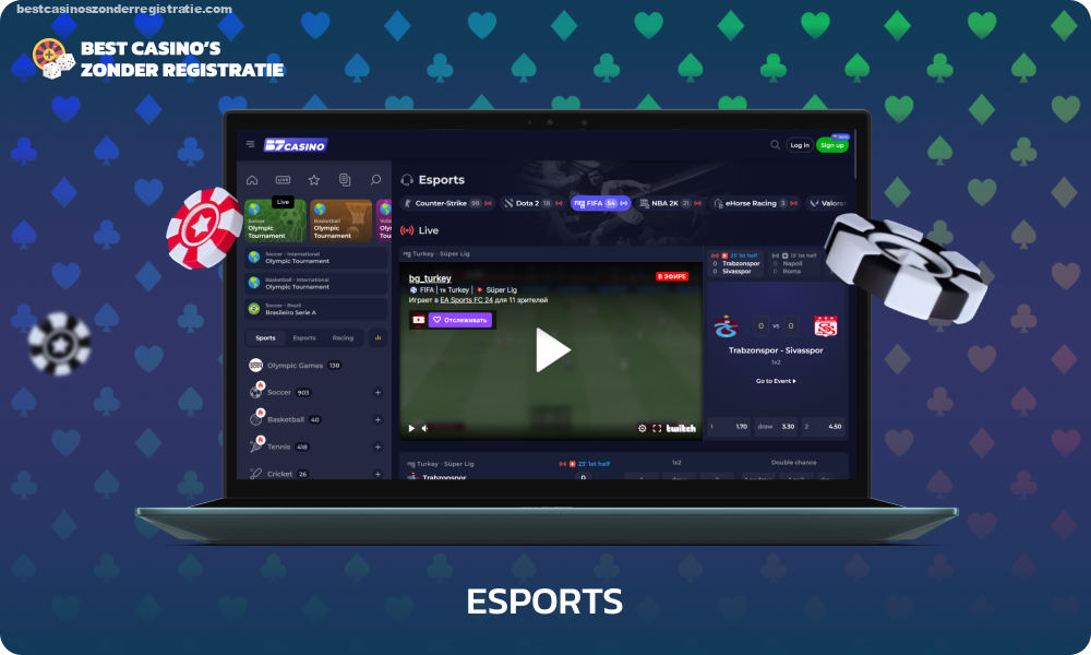 De B7 Casino-website biedt een brede selectie voor fans van eSports-weddenschappen, inclusief weddenschappen op populaire disciplines zoals Dota 2, League of Legends, CS2 en FIFA en vele anderen