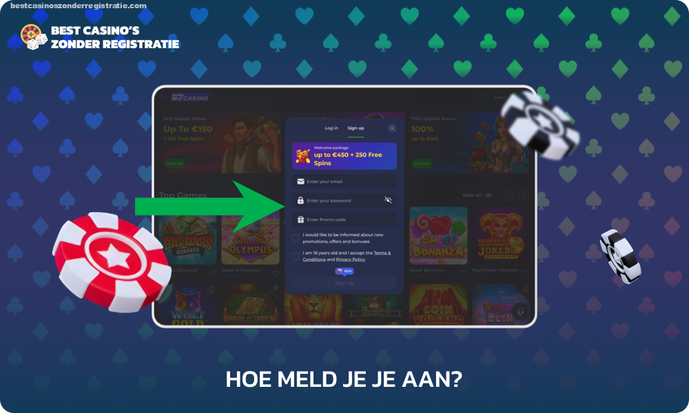 Om u te registreren bij B7 Casino, opent u de website of mobiele applicatie, klikt u op “Registreren”, voert u uw e-mailadres en wachtwoord in en gaat u akkoord met de gebruiksvoorwaarden