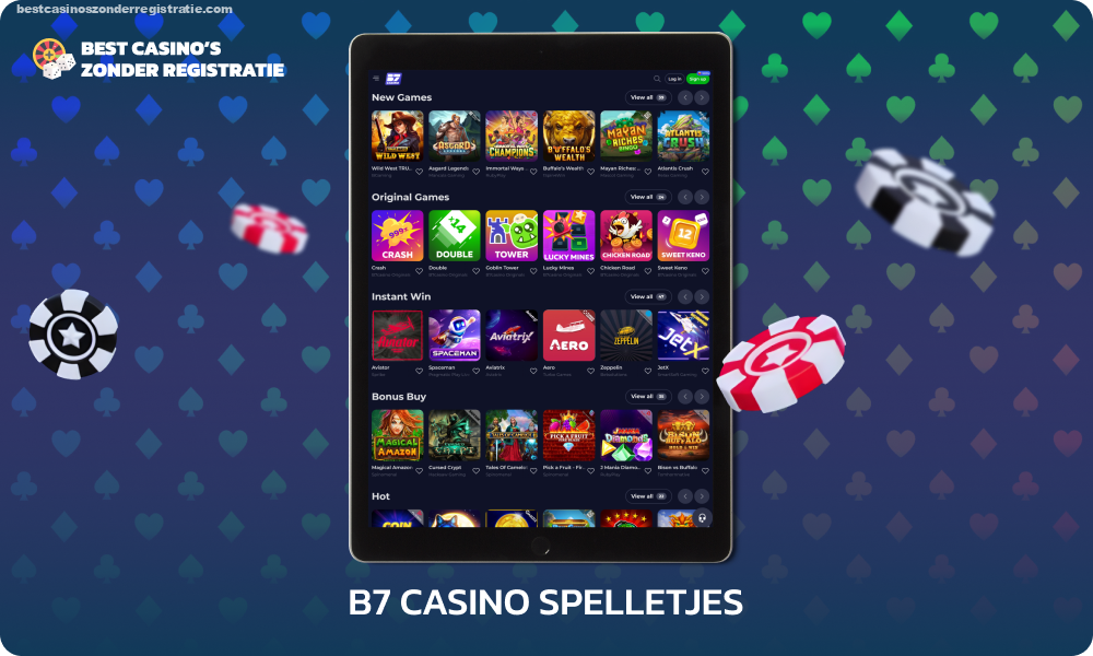 B7 Casino beschikt over meer dan 6.000 spannende slots van 50 gelicentieerde aanbieders, waaronder zowel klassieke als progressieve spellen, die een gevarieerde en hoogwaardige spelervaring bieden, terwijl je door in de demomodus te spelen het spel kunt leren zonder het risico te lopen geld te verliezen