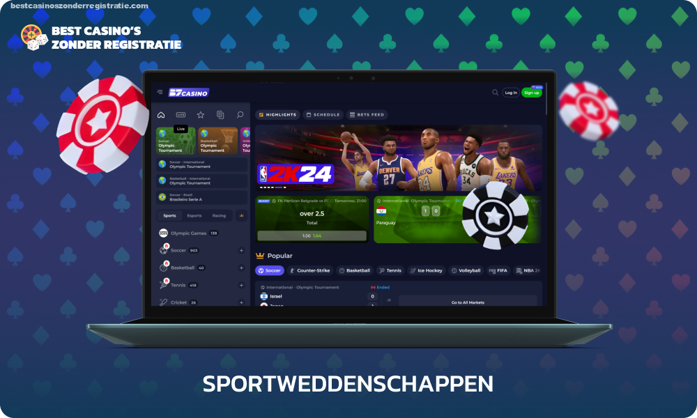 Het wedplatform van B7 Casino biedt weddenschappen op meer dan 35 sportdisciplines en biedt de mogelijkheid om in realtime en vóór de wedstrijd te wedden op populaire internationale en regionale competities