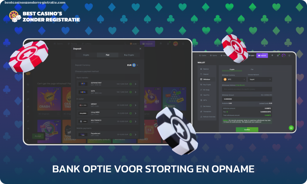 Gok- en sportweddenschappensite BC Game ondersteunt meer dan 120 cryptocurrencies, waaronder Bitcoin en USDT, evenals e-wallets, creditcards en bankoverschrijvingen voor het doen van stortingen en het opnemen van winsten