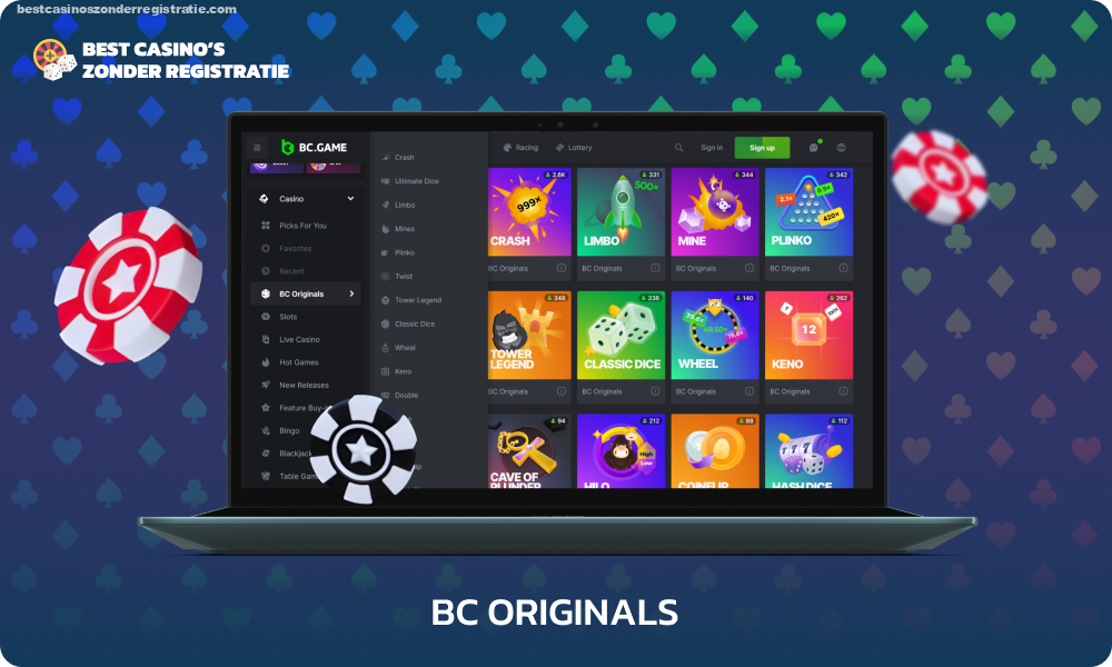 BC Game Casino biedt ook exclusieve spellen aan die alleen op hun platform te vinden zijn in de BC Originals-sectie, die 50 subcategorieën met spellen bevat die een breed scala aan unieke en originele spelervaringen bieden