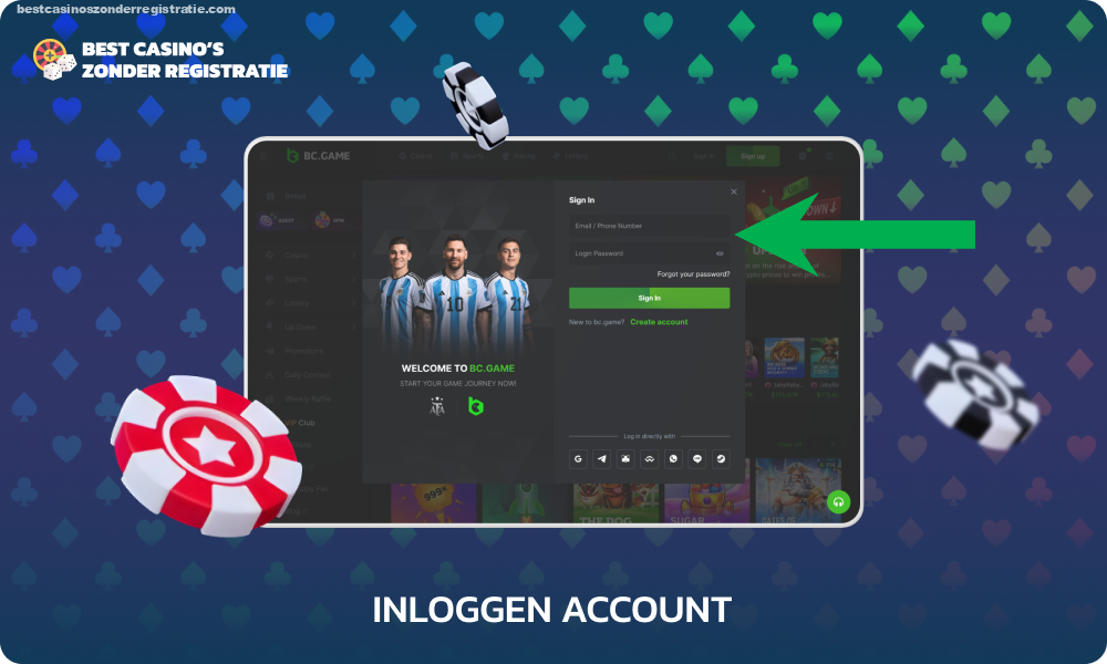 Om in te loggen bij BC Game via de website of mobiele applicatie, voert u uw e-mailadres of telefoonnummer en wachtwoord in het inlogformulier in