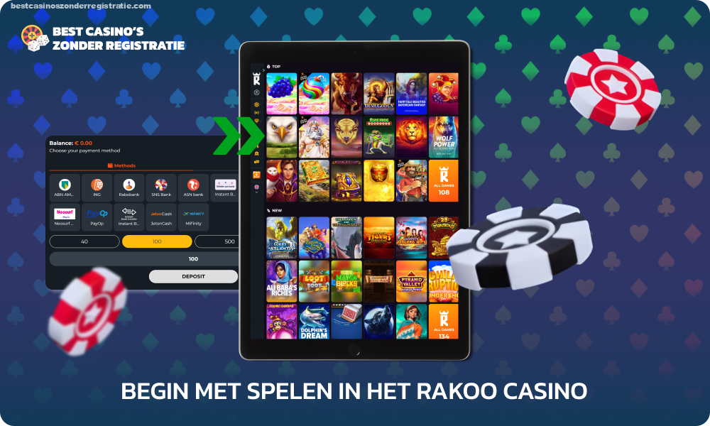 Om te beginnen met spelen bij Rakoo Casino logt u in op uw profiel, vult u uw account aan met minimaal 20 euro, selecteert u een spel en plaatst u een weddenschap of speelt u in de demomodus