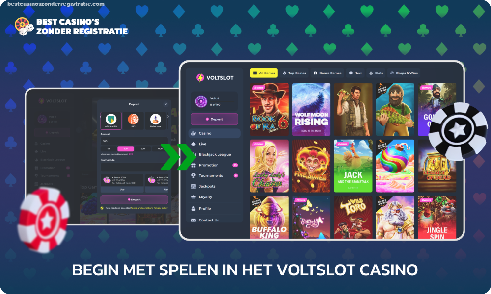 VoltSlot Casino-spelers moeten inloggen op hun account, een storting doen tussen de 20 en 5000 euro en een spel selecteren om voor echt geld te gaan spelen in het casino