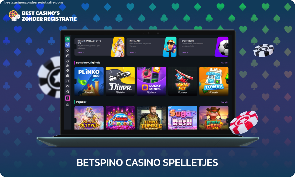 Betspino Casino biedt een ruime keuze aan spellen van meer dan 50 gelicentieerde aanbieders, waaronder slots, instant- en live-spellen, die voor het gemak van de spelers in verschillende secties zijn onderverdeeld