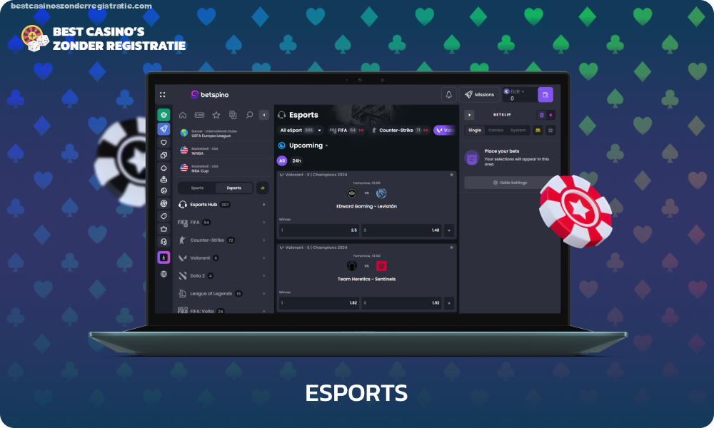 Populaire disciplines zoals Dota 2, CS2, League of Legends en andere zijn beschikbaar voor wedden op esports op de Betspino-website en mobiele applicatie