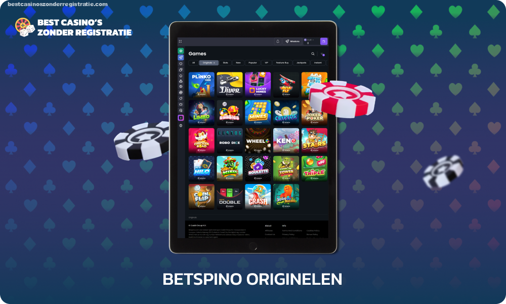 Casinogebruikers kunnen exclusieve online spellen van Betspino spelen op de website en mobiele app in de sectie Originelen