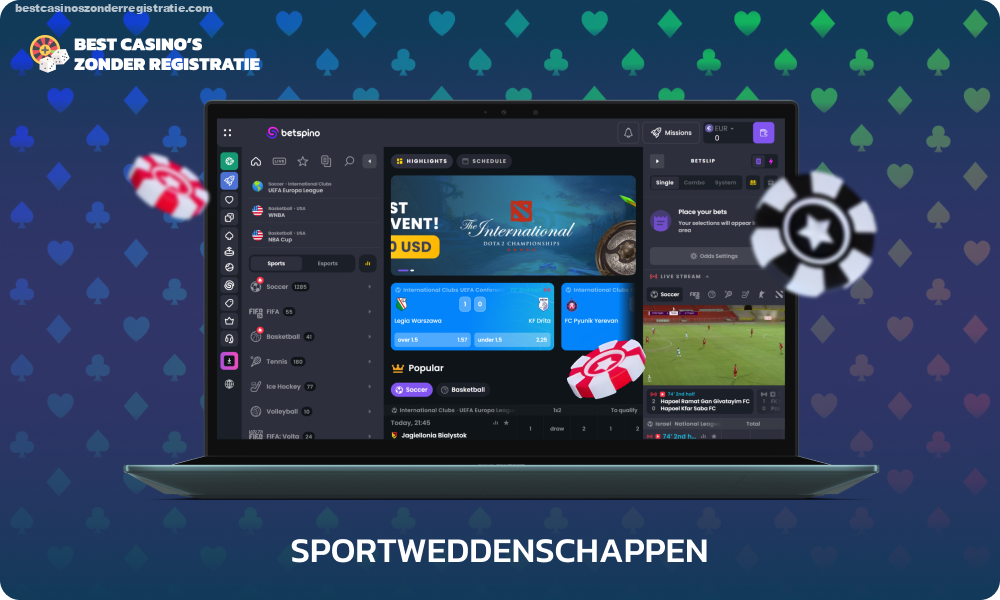 Bij de bookmaker van Betspino kunt u dagelijks wedden op meer dan 30 sportdisciplines en meer dan 1.500 live- en pre-match evenementen, met gunstige odds