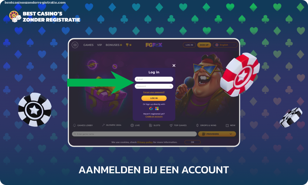 Om in te loggen op uw FGFox casino-account, voert u uw e-mailadres en wachtwoord in en klikt u op Inloggen