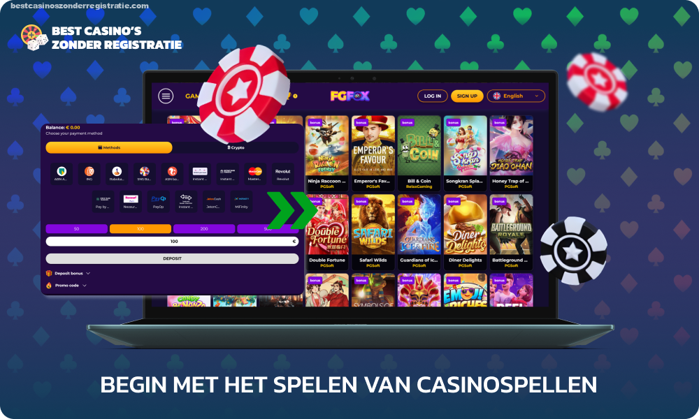 Om te beginnen met spelen bij het FGFox casino, moeten gokkers inloggen op de site, een storting doen, een spel selecteren en het inzetbedrag aangeven om voor echt geld te gaan spelen