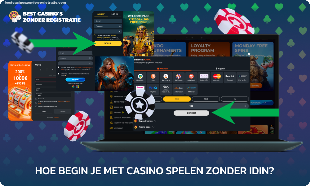 Om voor echt geld te gaan spelen in een casino zonder iDIN, selecteert u een site, registreert u zich, waardeert u uw saldo op via beschikbare methoden, zoals iDEAL, en selecteert u een spel in de sectie Casino