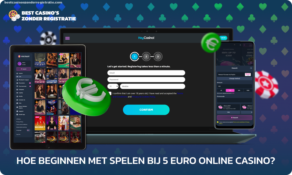 Om te beginnen met spelen bij een online casino met een storting van 5 euro, registreer je je op de geselecteerde site, selecteer je een betaalmethode, vul je saldo aan, ontvang een welkomstbonus en begin met het spelen van geselecteerde online spellen