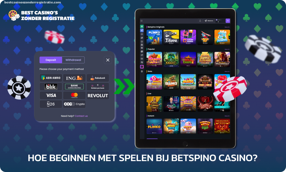 Om te beginnen met spelen bij Betspino casino, logt u in op uw account, vult u uw saldo aan, selecteert u een spel en plaatst u een weddenschap