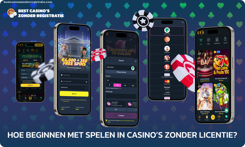 Om te beginnen met spelen in casino's zonder licentie, selecteert u een merk uit de top 10-lijst, registreert u zich, vult u uw saldo aan met de beschikbare betaalmethoden, selecteert u een spel in de sectie Slots of Live Casino, leest u de regels en begint u met spelen voor echt geld