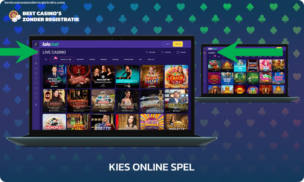 Om voor echt geld te gaan spelen in een online casino zonder CRUKS, vult u uw saldo aan via de sectie Storten en selecteert u vervolgens een spel in de sectie Slots of Live Games