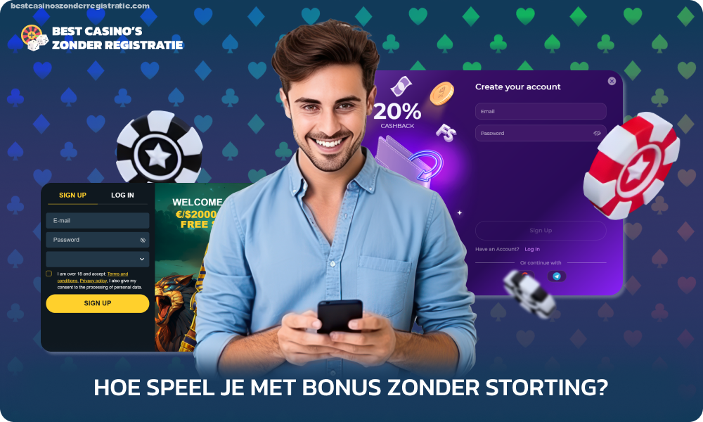 Om een ​​online casinobonus zonder storting te gebruiken, selecteert u een merk uit de recensie, registreert u zich, voert u een promotiecode in, voldoet u aan de voorwaarden voor het ontvangen van de bonus en begint u bonusgeld in te zetten voor latere opname