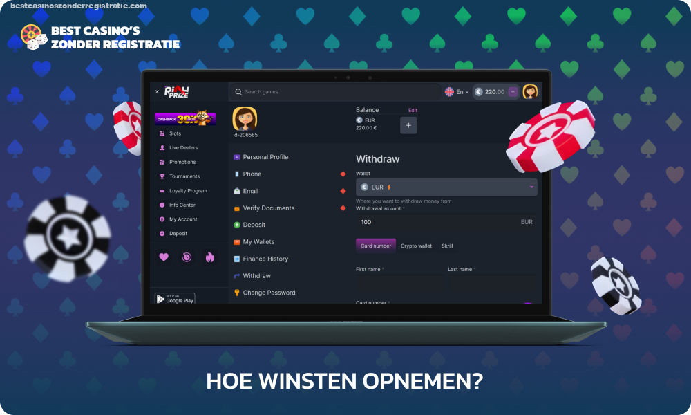 Om snel uw winsten uit het iDEAL online casino op te nemen, logt u in op uw account, gaat u naar de sectie Opnemen, selecteert u iDEAL, voert u het bedrag binnen de limiet in en geeft u indien nodig aanvullende informatie op om de transactie te voltooien