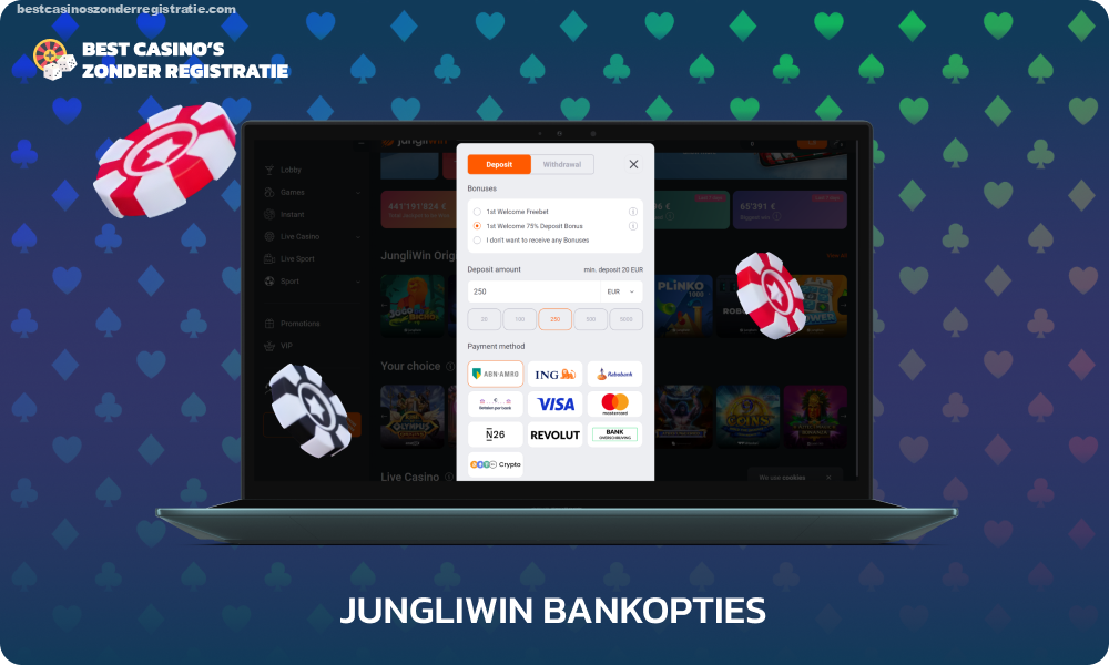 JungliWin Casino-spelers kunnen snel en veilig stortingen en opnames doen zonder kosten met behulp van creditcards, vouchers, e-wallets, bankoverschrijvingen en cryptocurrencies