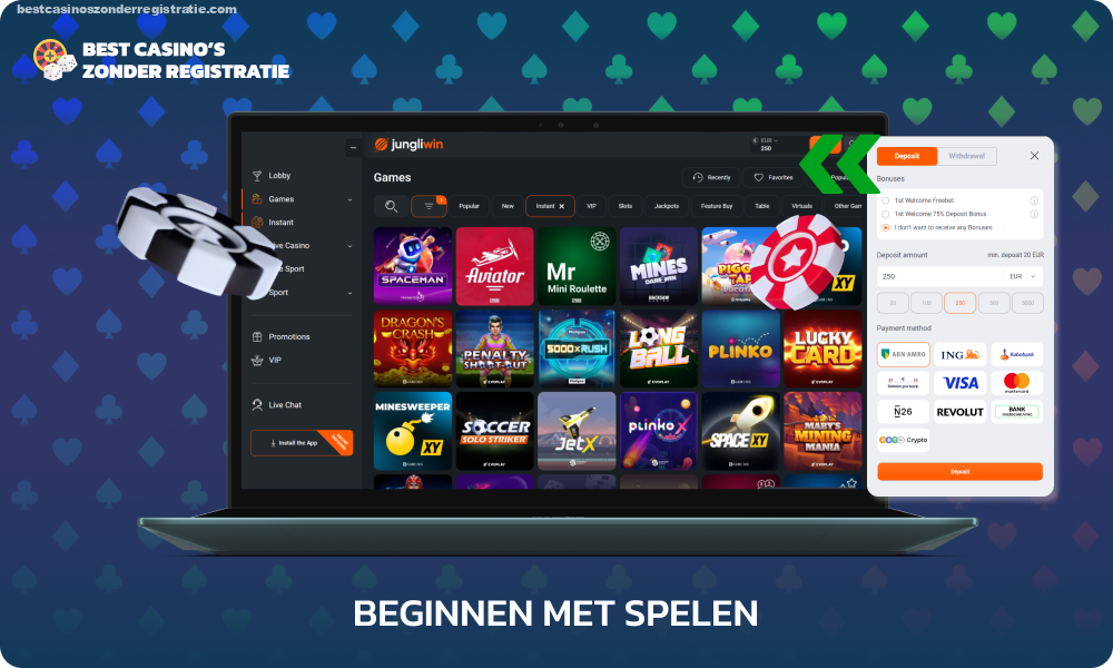 Om te beginnen met spelen op JungliWin, moeten gebruikers inloggen op hun account, hun saldo aanvullen met minimaal 20 EUR, een spel naar keuze selecteren in een van de categorieën en de inzetgrootte selecteren