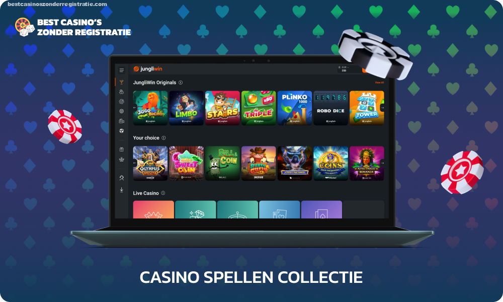 De uitgebreide spellencatalogus bij JungliWin Casino bevat Jackpot-, Nieuw- en Populair-secties die zijn gemarkeerd voor eenvoudige spelersnavigatie, evenals de mogelijkheid om spellen te filteren op aanbieder