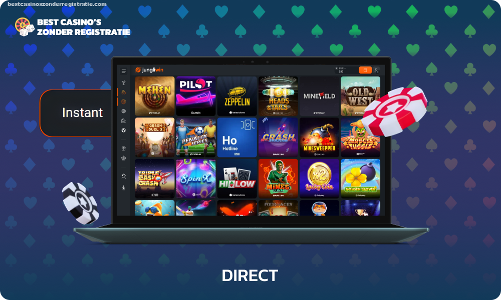 De direct Casino-sectie van JungliWin biedt spellen waarmee u zich snel en gemakkelijk kunt onderdompelen in spannende gameplay, waardoor u een spannende en gevarieerde spelervaring krijgt en de mogelijkheid om snel te winnen