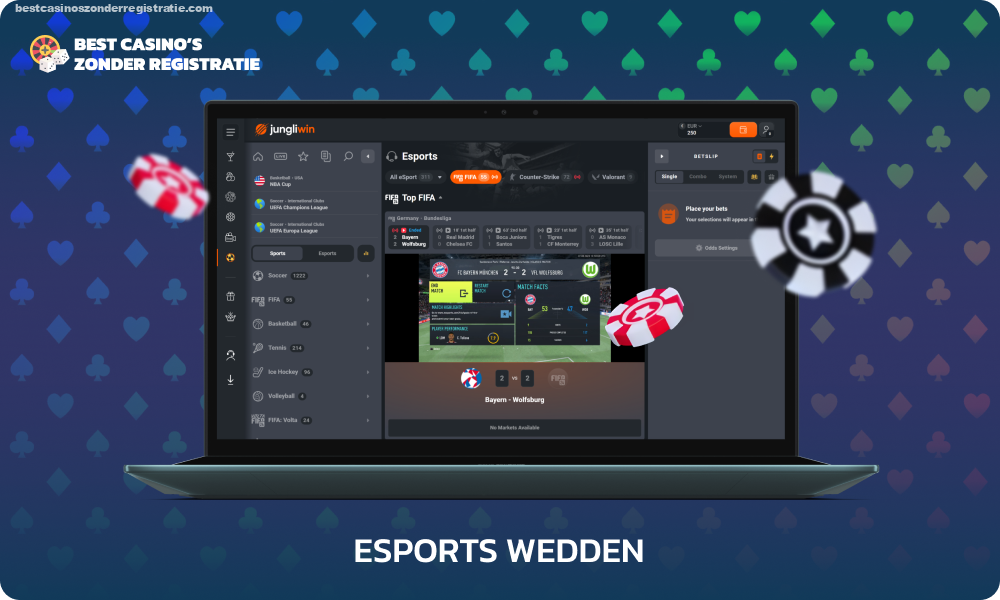 JungliWin bookmaker biedt meer dan 150 live eSports-evenementen, die vele populaire disciplines bestrijken, waaronder de populaire Dota 2, CS2- en League of Legends-kampioenschappen, en uitgebreide gokmogelijkheden bieden