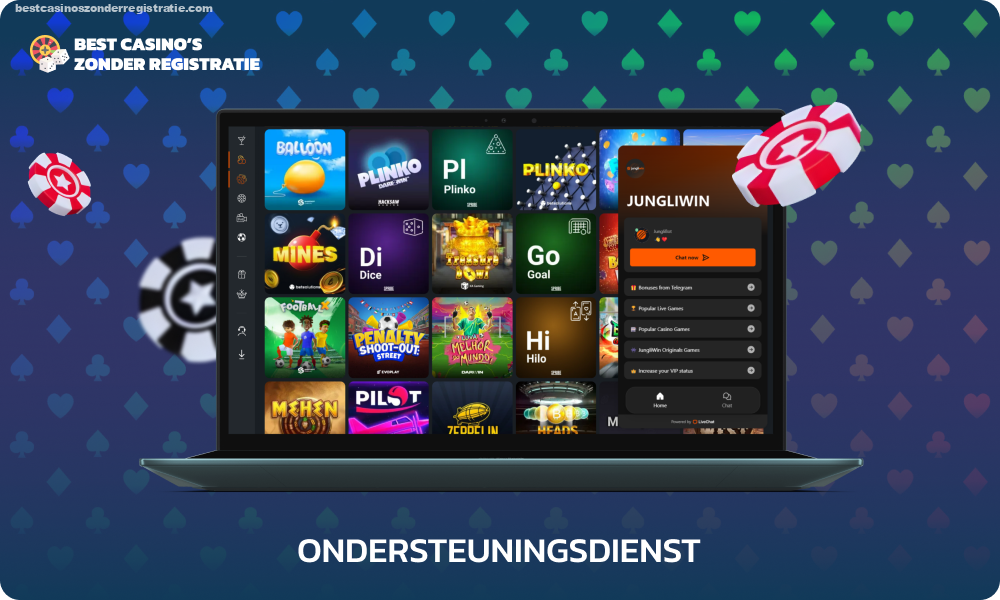 JungliWin biedt 24/7 ondersteuning aan casinospelers via livechat of e-mail