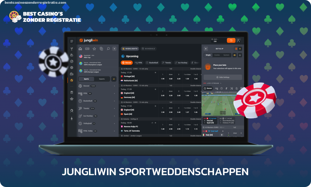 De JungliWin-website en mobiele applicatie bieden live sportweddenschappen op meer dan 30 sportdisciplines met de mogelijkheid om noteringsformaten te selecteren en gemakkelijk naar wedstrijden te zoeken op titel of speeltijd