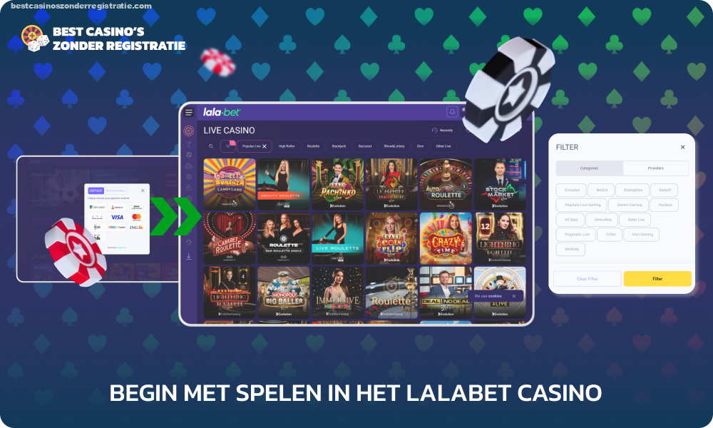 Om voor echt geld te gaan spelen bij Lalabet Casino, registreer je, vul je account aan met minimaal 20 EUR, selecteer een spel via de zoekopdracht of filters en plaats een weddenschap