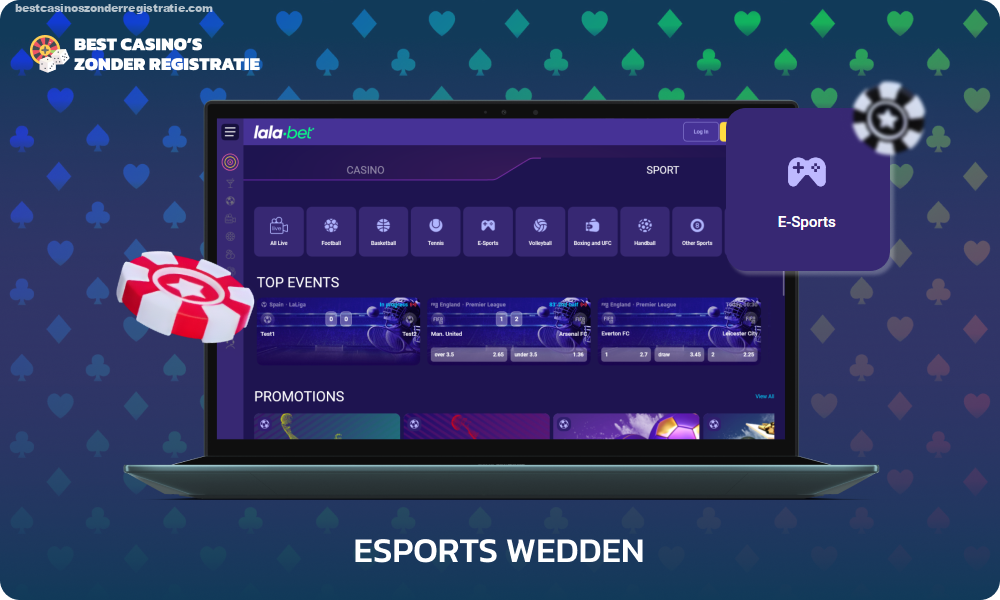 Het Lalabet-wedplatform biedt de mogelijkheid om te wedden op esports in populaire disciplines als FIFA, CS2, Valorant, Dota 2, League of Legends en vele anderen