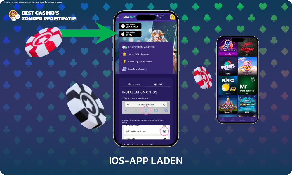 Om de mobiele Lalabet-app op iOS te downloaden, moet u de casinowebsite openen via uw mobiele browser, Toevoegen aan startscherm selecteren via het menu Delen en op het gemaakte pictogram tikken om te starten