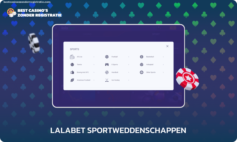 Lalabet biedt sport- en live-secties voor pre-match en live wedden op populaire evenementen, met live-uitzendingen, gedetailleerde statistieken en verschillende noteringsformaten voor internationale en regionale sportevenementen