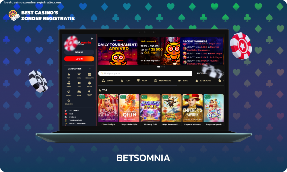 Betsomnia online casino zonder registratie biedt slots, live casino, roulette en bonusspellen, met ondersteuning voor verschillende betaalmethoden, bonussen tot 25.000 euro en 150 gratis spins