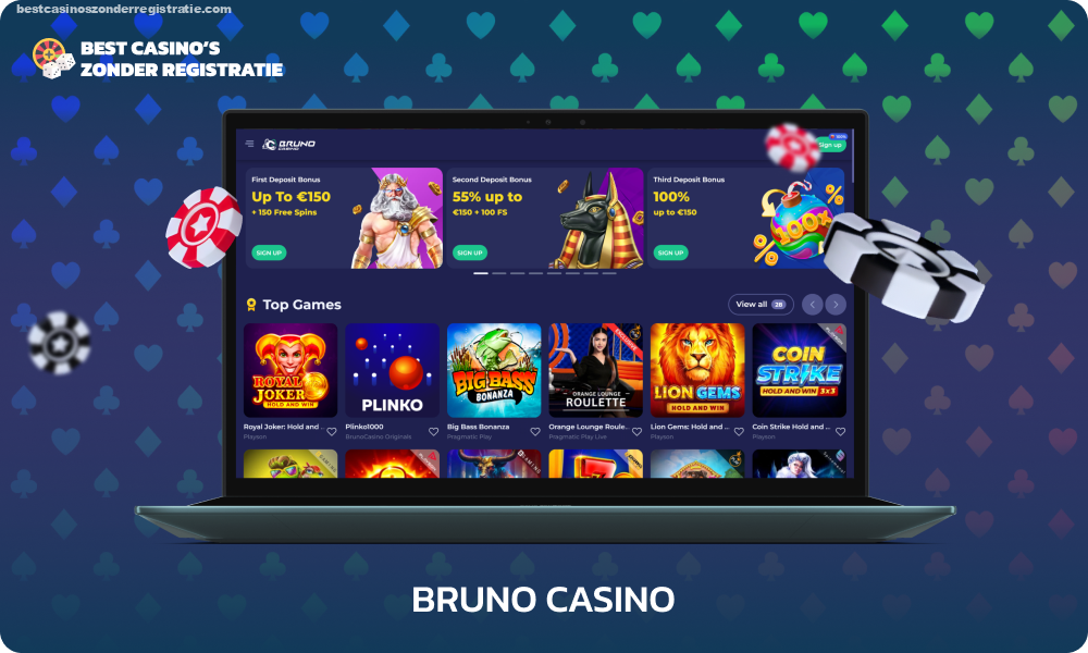 Bruno Casino biedt een spel zonder registratie met ondersteuning voor meerdere betaalmethoden, bonussen tot € 450 en 250 gratis spins, beschikbaar in meerdere talen en platforms, waaronder pc, mobiele browsers en Android- en iOS-apps