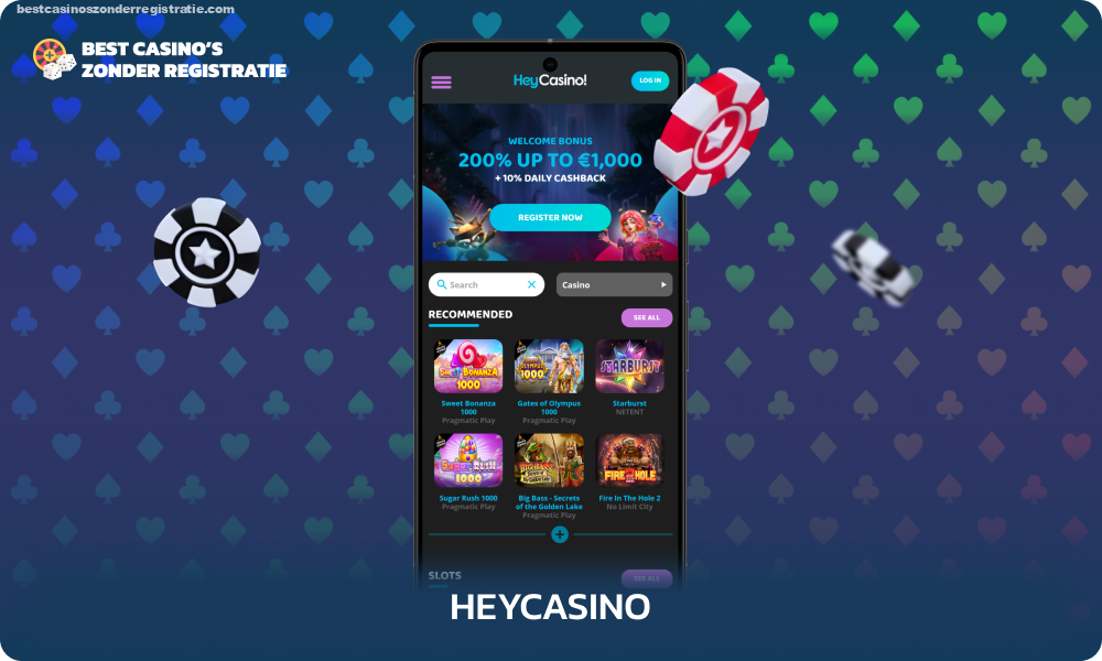 HeyCasino zonder CRUKS biedt een minimale storting van 10 euro, een bonus zonder storting in de vorm van dagelijkse cashback, een welkomstpakket van 200% en een indrukwekkende collectie speelautomaten