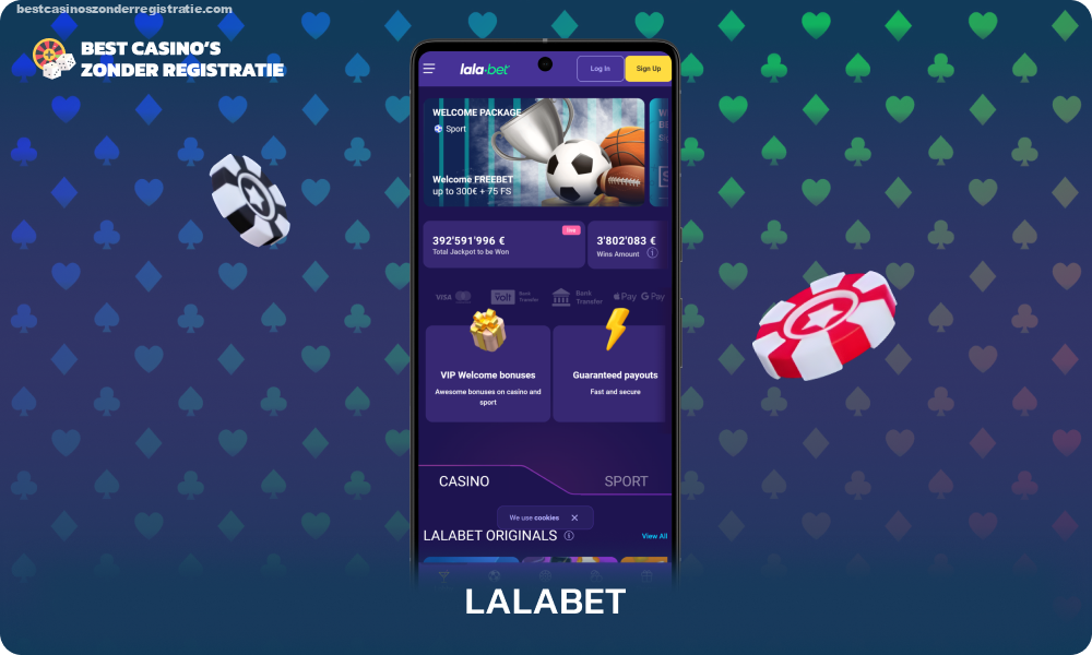 Online casino zonder CRUKS Lalabet met een storting van 10 euro, een welkomstbonus van 200% en 150 gratis spins, heeft een brede spellencatalogus, 24-uurs ondersteuning, een VIP-programma, limieten tot 5000 euro op transacties