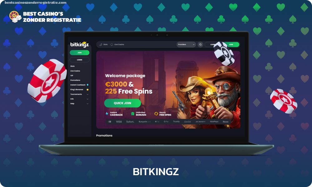 Bitkingz casino zonder registratie met meer dan 10.000 spellen en 24/7 ondersteuning, biedt een welkomstpakket tot € 3.000 en 225 gratis spins, evenals een VIP-programma en stortingen tot € 25.000