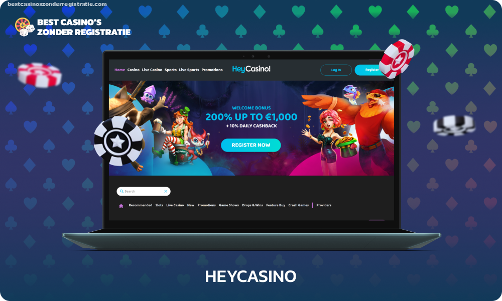 HeyCasino biedt een spel zonder registratie, evenals een 200% welkomstpakket tot 1000 euro, dagelijkse cashback en betrouwbare betalingssystemen voor stortingen en opname van winsten