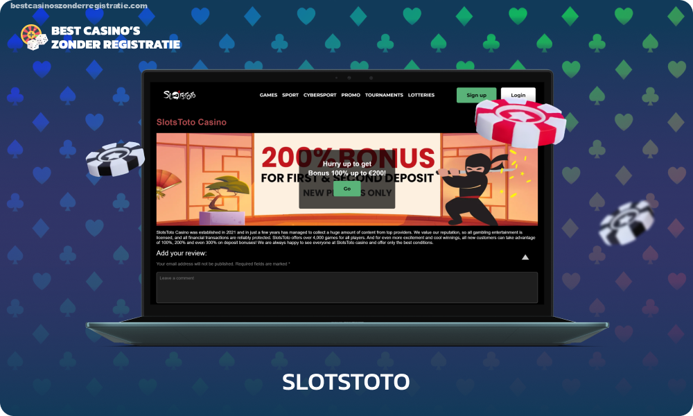 Zonder dat je een account hoeft aan te maken, heeft Slotstoto Casino meer dan 4.000 spellen van toonaangevende aanbieders in zijn catalogus en biedt het ook een 100% bonus tot 200 euro bij een eerste storting van 25 euro