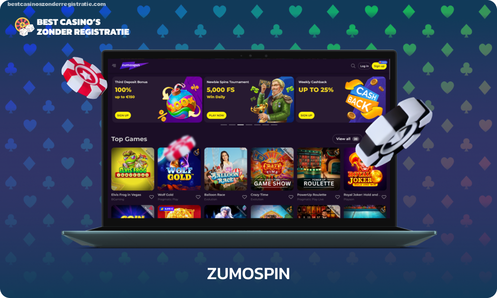 ZumoSpin, een casino zonder registratie met meer dan 6.000 spellen, biedt directe uitbetalingen tot € 100.000 in cryptocurrency en een welkomstbonus tot € 450 en 250 gratis spins op je eerste drie stortingen