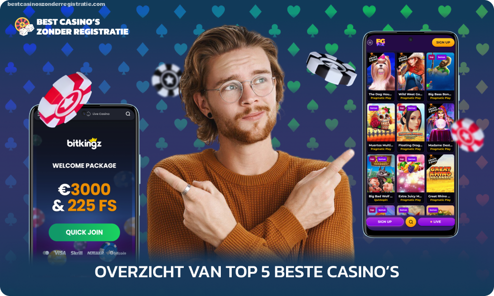 Een overzicht van de beste online casino's helpt u bij het kiezen van de beste om zonder registratie voor echt geld te gaan spelen