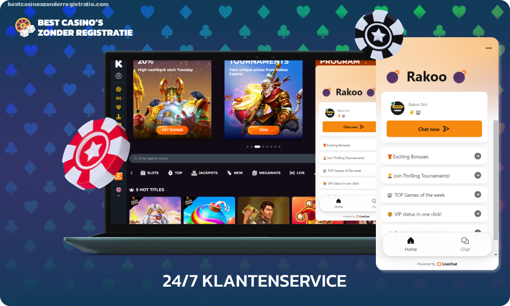 Rakoo Casino biedt 24/7 ondersteuning op de website en mobiele app via chat voor snelle vragen en via e-mail voor vragen die meer gedetailleerde verduidelijking vereisen