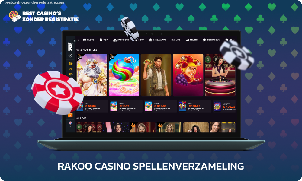 Er zijn meer dan 9.100 online games beschikbaar op de website en mobiele applicatie van het Rakoo casino, die voor het gemak van spelers zijn onderverdeeld in categorieën zoals Top, Nieuw, Megaways en andere