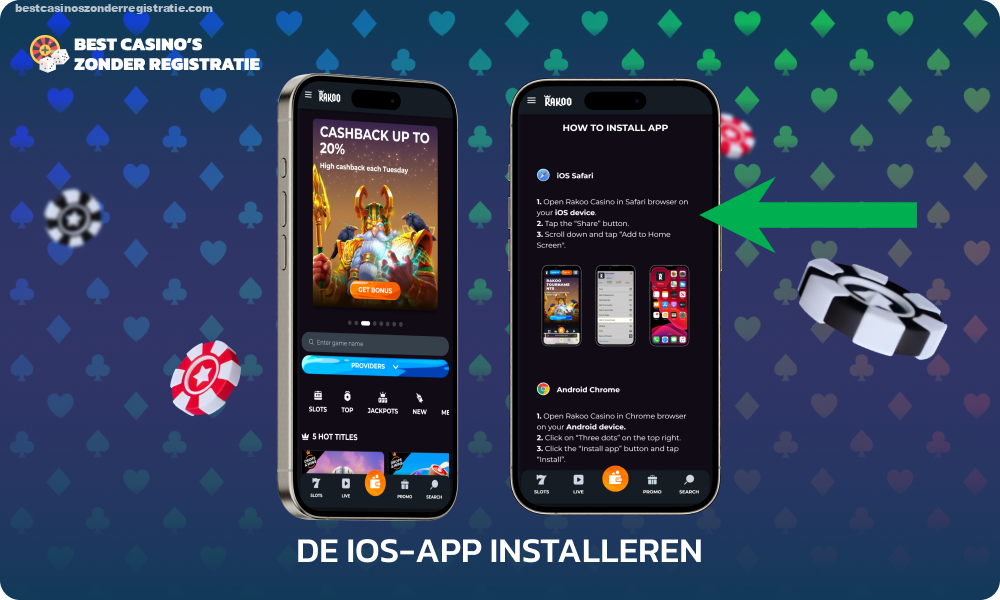 Om Rakoo aan het startscherm van uw iOS-apparaat toe te voegen, opent u de site via een mobiele browser, selecteert u Delen, vervolgens Toevoegen aan startscherm en bevestigt u de toevoeging